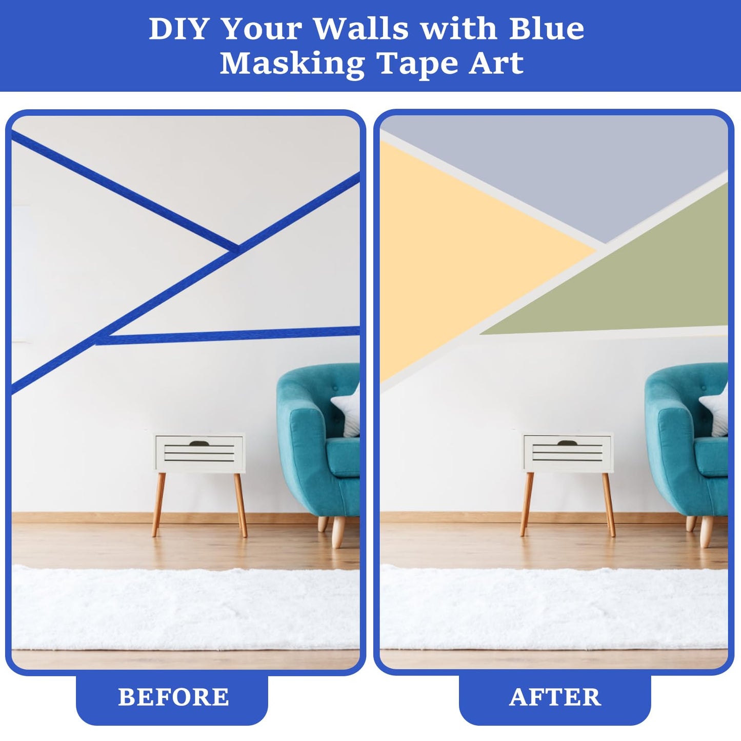 Rindion 6 Rolls Blue Painters Tape, Multi-Surface Masking Tape, 132 Yd Premium Paint Tape for Use in Wall Painting, DIY Art Creation, Automobiles, Drafting, and Furniture (0.98 in x 22 Yd x 6)