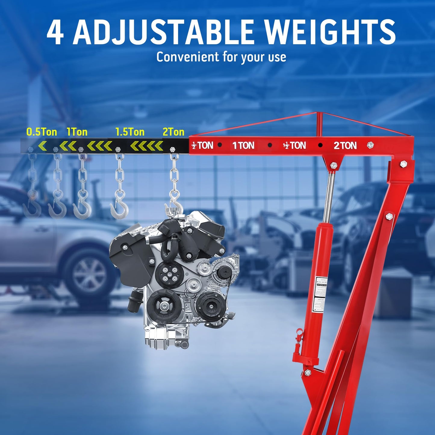 H-YEEU Hydraulic Engine Crane Hoist, 2 Ton Folding Motor Hoist Cherry Picker Heavy Duty Steel 4400lbs Lifting with 6 Casters for Garage Workshop(Red)