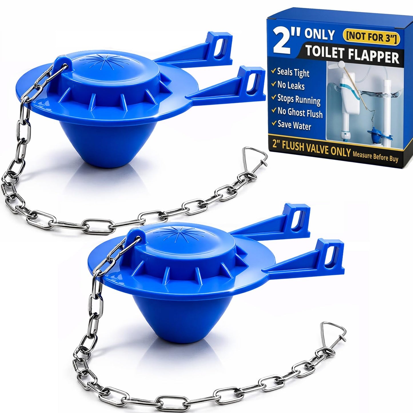 2-Inch Toilet Flapper Replacement Kit Compatible with Most Kohler, American Standard, TOTO & Standard 2″ Flush Valves, High Performance Rubber with Stainless Steel Chain, Easy Install (2 Pack, Blue)
