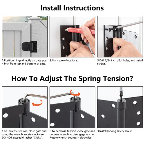 HOME MASTER HARDWARE Self-Closing Spring Gate Hinge 3-1/2" Heavy Duty Automatic T Hinges Steel Black Finish with Screws 2-Pack for Wood Fence Gate Vinyl Shed Door