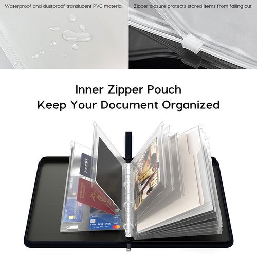 Important Document Organizer Zipper Binder,Fireproof Document Bag for Birth Certificate Protector, Waterproof Bill Organizer in Case I Go Missing Binder for Home Safe, 4 Ring Receipt Holder(Blue)