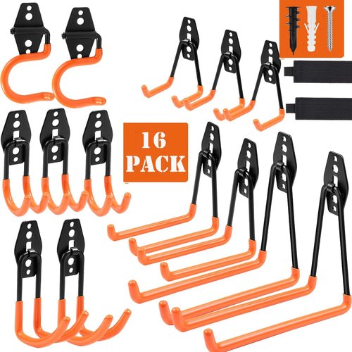 Dorisy Upgraded 16 Pack Garage Hooks – Heavy Duty Steel Wall Mount Storage Organizer with Anti-Slip Coating for Power Tools, Garden Equipment, Ladders, Hoses, Bikes, and More – Max Load 100 lbs