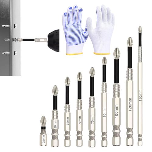 9Pcs High Magnetic Screwdriver Drill Bit Set, k5 Impact Resistant Non Slip Bit Alloy Steel Anti Slip Bits with Gloves for Electric & Impact Drivers, 25 50 65 70 75 90 100 120 150mm