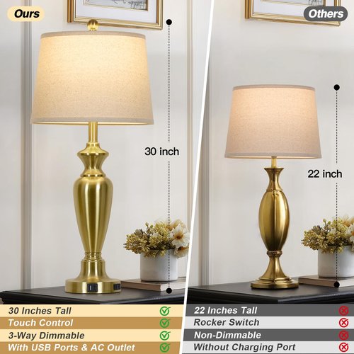Cinyirong 30" Tall Gold Table Lamps Set of 2, Touch Control Bedside Lamp with USB A+C Ports and AC Outlet, 3-Way Dimmable Modern Metal Nightstand Lamp for Bedroom Living Room, 2 LED Bulbs Included