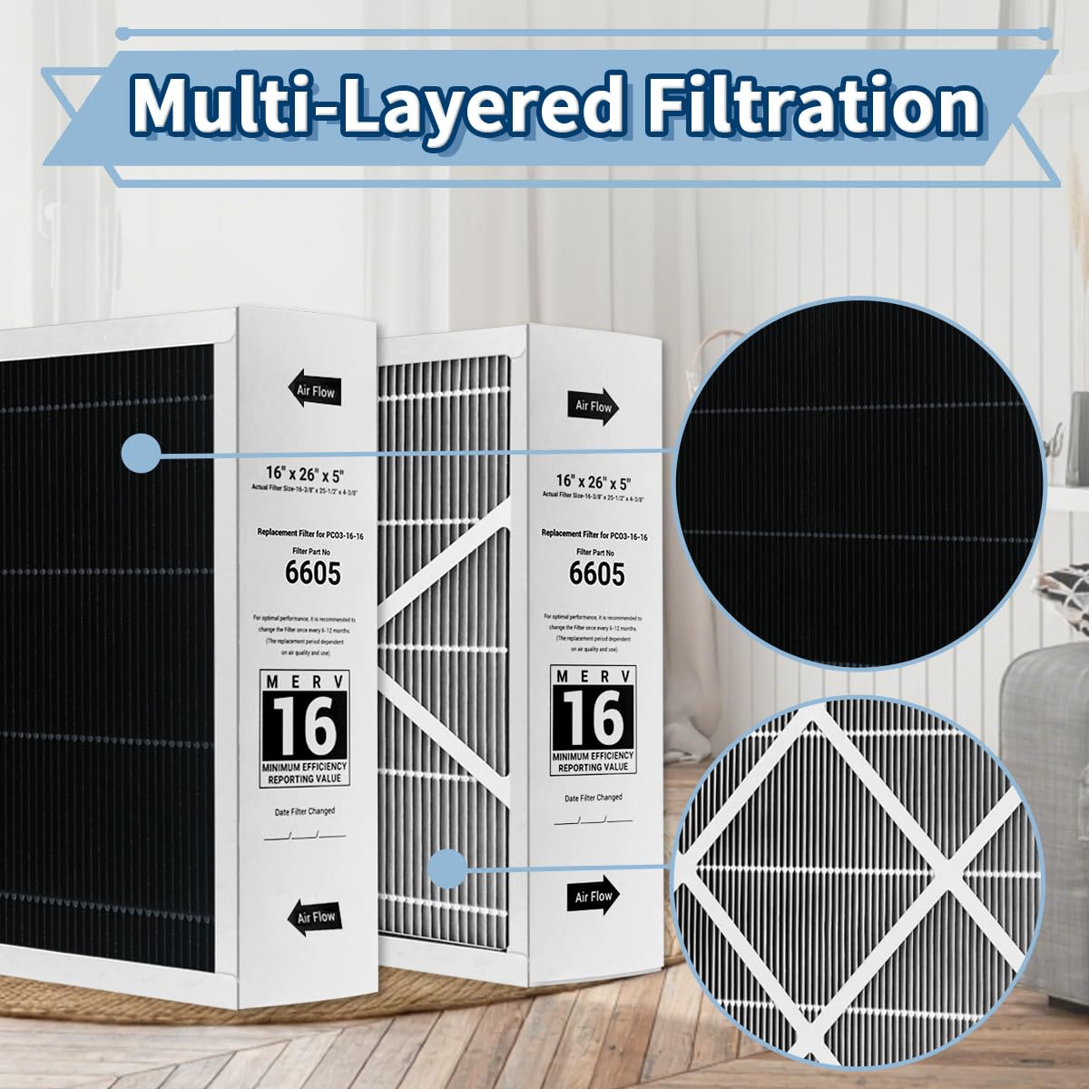 2 Pack 16x26x5 MERV 16 Replacement Filter,Replacement for Lennox 6605 Air Filter and Compatible with PureAir PCO3-16-16 Air Purifier