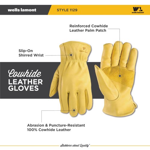 Wells Lamont Leather Work Gloves for Men, Reinforced Cowhide with Palm Patch, Saddletan, Large (1129L)