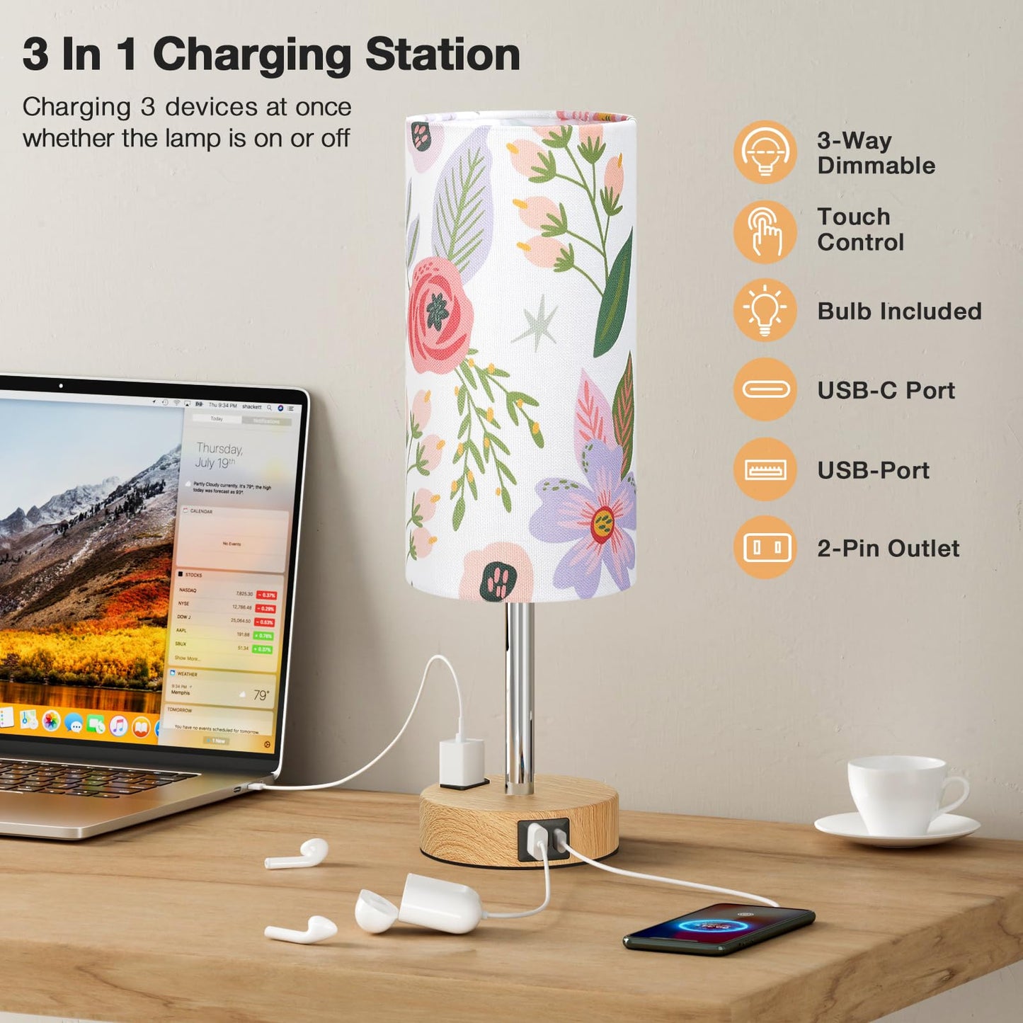 Fenmzee Floral Touch Lamp for Bedroom- 3 Way Dimmable Bedside Lamp USB C A Charging Ports and AC Outlet, Small Table Lamp Floral Linen Lampshade for Gift, LED Bulb Included