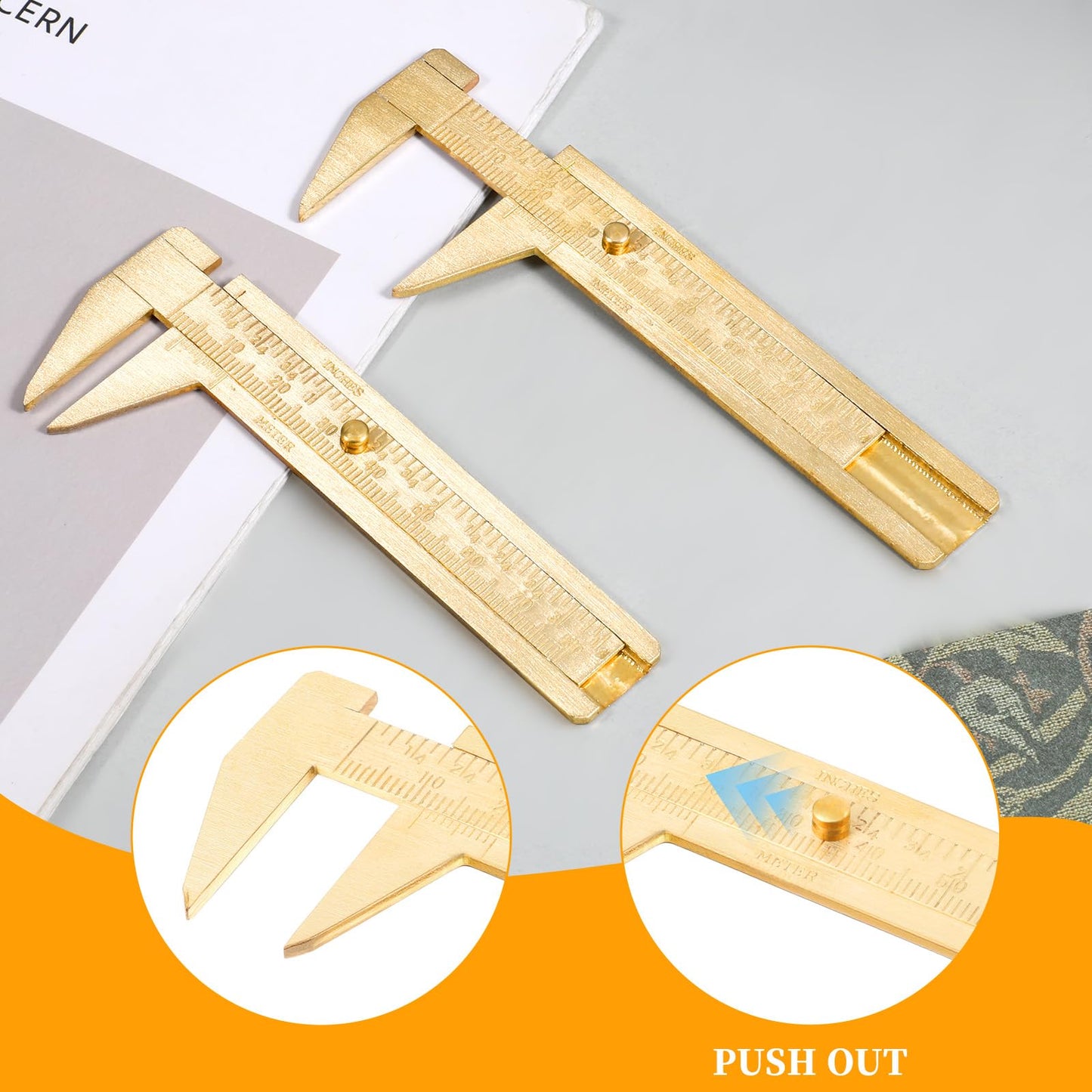 2 Pcs Brass Vernier Caliper Pocket Slide Rule Mini Handy Caliper Measuring Tool Double Scale Sliding Gauge Metal Pocket Ruler for Bead Wire Jewels Rings Bracelet Measurement
