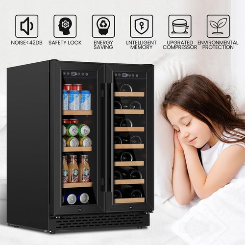 24 Inch Wine and Beverage Refrigerator Under Counter, Dual Zone Black Beverage Fridge with Glass Door&Lock,20 Bottles & 88 Cans Wine and Beverage Cooler, Freestanding Mini Fridge for Bedroom Home