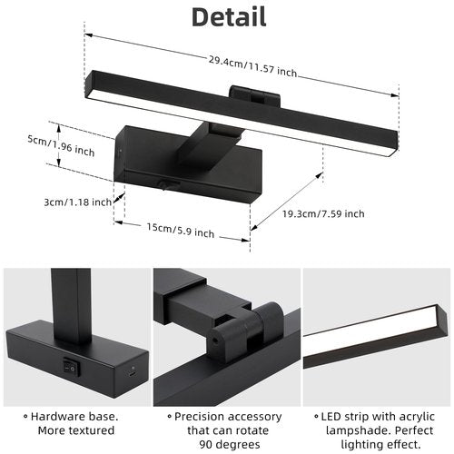 ZitoStory Black Picture Lights for Wall Dimmable Rechargeable Wireless Picture Lights for Paintings LED Wall Light Fixtures Dimmable Wall Sconce with Remote (Black, 12‘’) 3000K