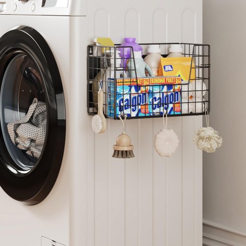 BOKIOVIN 1-Pack Magnetic Laundry Basket Organizer Storage,Magnetic Shelves for Washer Dryer Organizer,Hanging Laundry Basket for Washing Machine(Black)