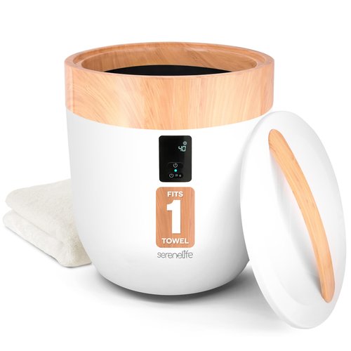 SereneLife Counter Towel Warmer Bucket - with Customized Fragrance for Spa and Bathroom, Luxury Heater, Auto Shut Off, Fits 1 Large Blanket, Bathrobe, PJs (Wood)