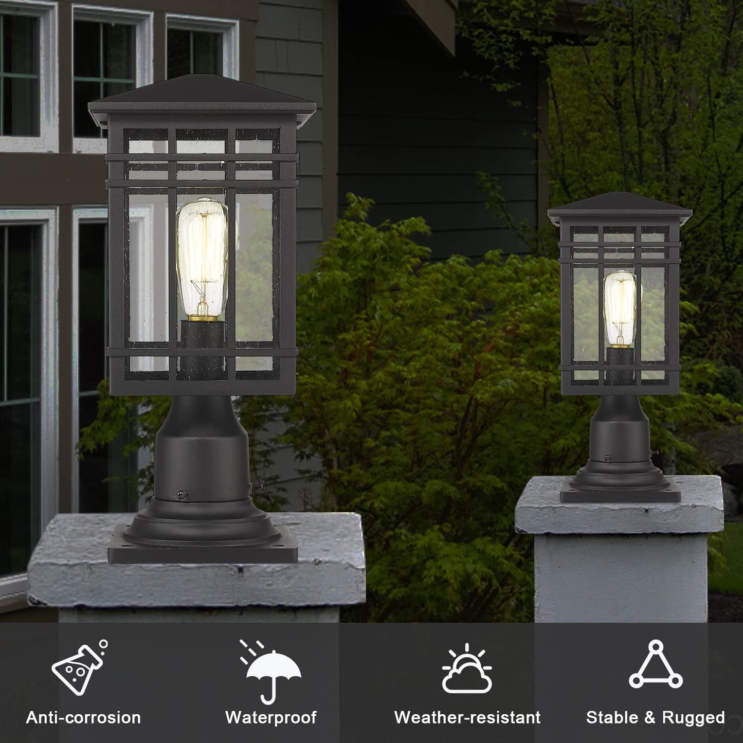 Rosient Outdoor Post Lights Fixture - Exterior Post Lantern with Seeded Glass in Black Finish - Pillar Light Ideal for Patio, Pathway, and Driveway - Outdoor Pole Lights for Porch Post Lighting, Black