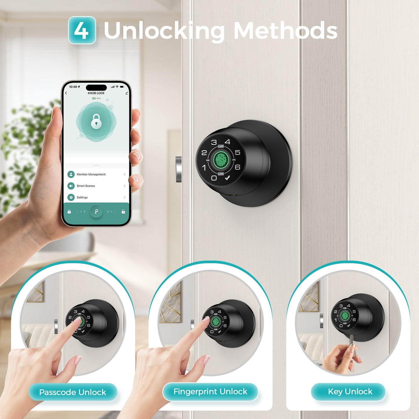 Fingerprint Door Lock，Fingerprint and Keypad Input Smart Door knob, App Controlled Biometric Door Lock, Keyless Entry, Bedroom, Office, Hotel, Apartment Auto Door knob(Matte Black)-HL-3