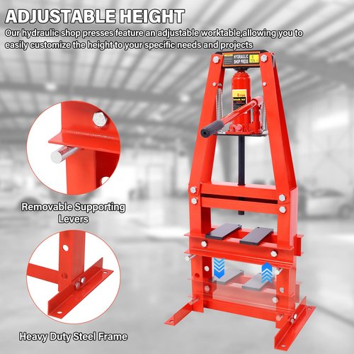 6 Ton Hydraulic Press, 6 Ton Benchtop Hydraulic A-Frame Shop Press with Press Plates Adjustable Working Table Height, Hydraulic Shop Press for Car Repair and Garage, Red
