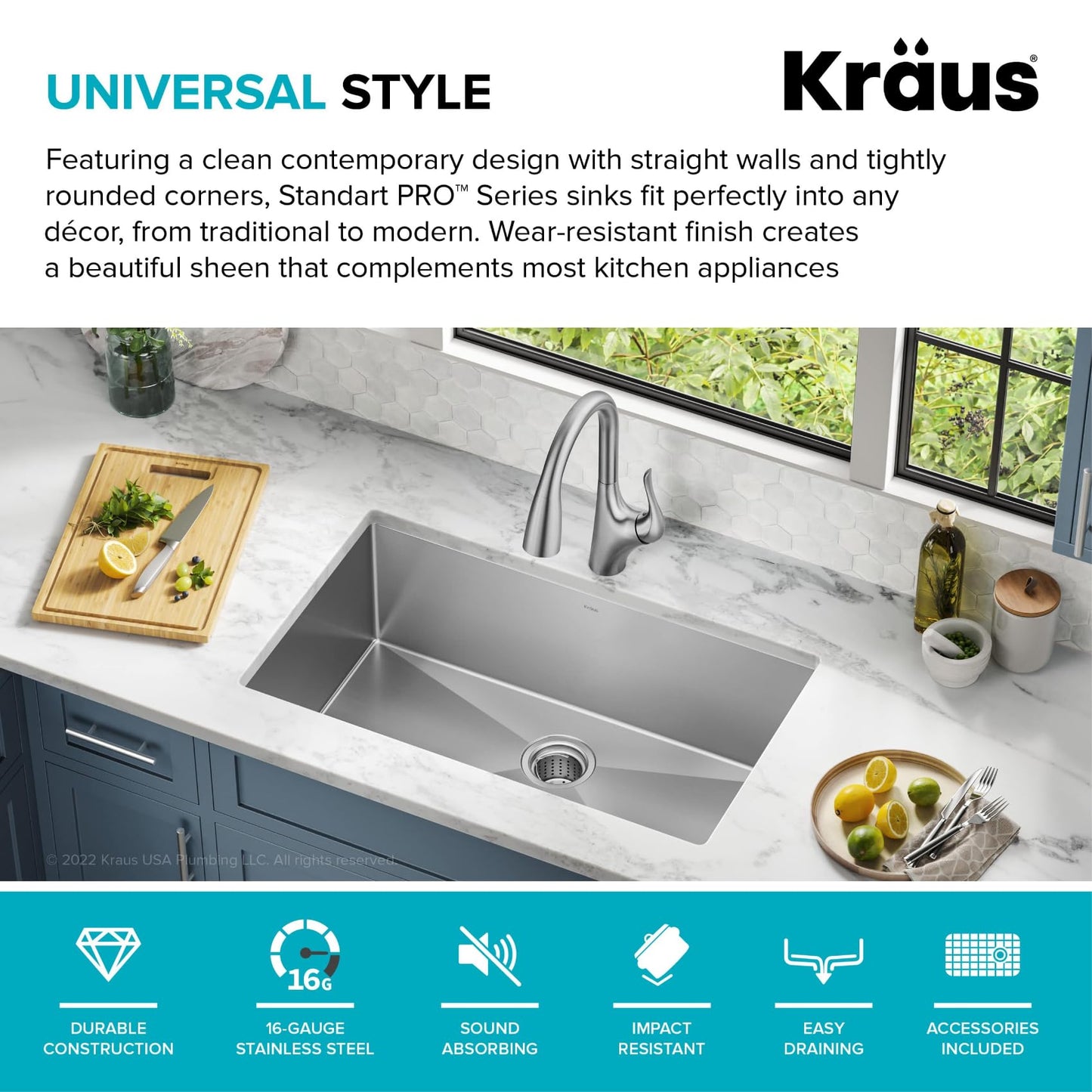 Kraus KHU100-32 Standart PRO 16 Gauge Undermount Single Bowl Stainless Steel Kitchen Sink, 32 Inch
