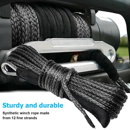 KHGUZ 1/4'' x 50 Ft Car Synthetic Winch Rope Kit, 10000LBS Heavy Duty Vehicle Winch Cable with Protecting Sleeve and Thimble, Automotive Accessories, Universal for Off Road ATV UTV (Black)