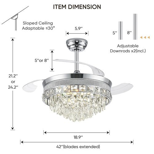 42” Fandelier Ceiling Fan with Light, Chandelier Ceiling Fans with Lights, Crystal Ceiling Fans for Bedroom Living Room, LED Dimmable, 6 Wind Speed,3 Color Temperatures-Chrome