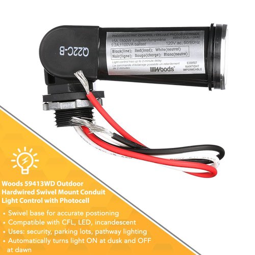 Woods 59413 59413WD Outdoor Conduit Lighting Control With Photocell and Swivel Mount (Hardwired; Black); 1 Count (Pack of 1)