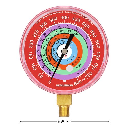 Measureman Refrigeration Pressure Gauge Kit, 3-1/8" Dial, Blue Dial & Red Dial, 1/8" NPT Lower Mount, 30inHg-0-250psi, 250-500psi & 0-800psi