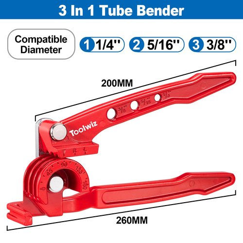 Toolwiz Pipe Bender 3-in-1 Manual Tube Bender for 1/4'' 5/16'' 3/8'' Tubing 0-180 Degrees Heavy Duty Brake Line Bending Tool for Copper Brass and Aluminum Pipes