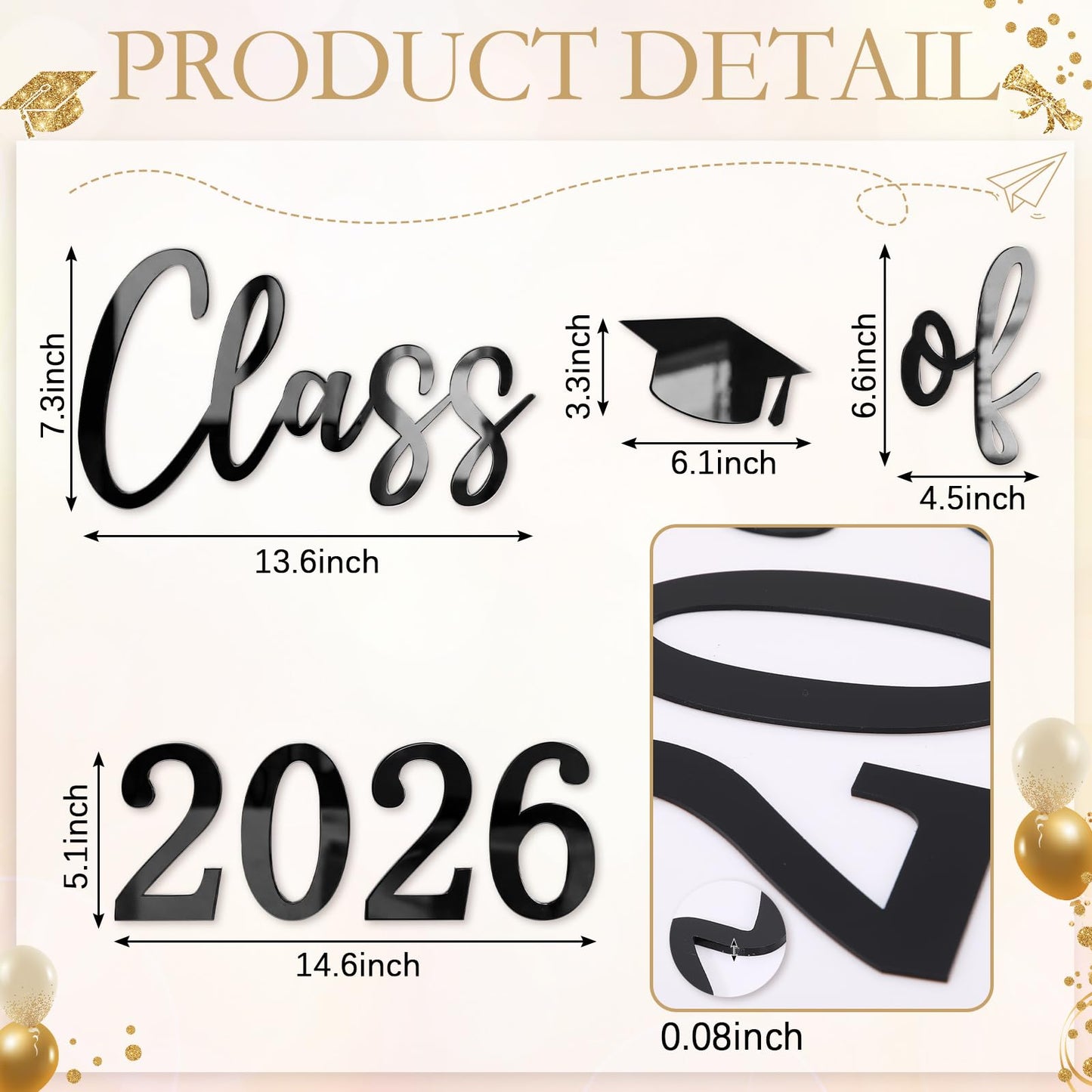 Novabright Class of 2026 Sign for Backdrop Black Acrylic Mirror Decal Letter Sticker Graduation Decor for Grad Party, Congrats Grade 2026 Grad Party Graduation Event Planner Vinyl Decal