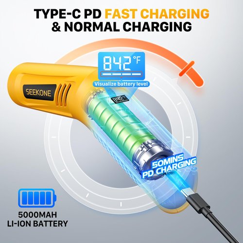 SEEKONE Cordless Mini Heat Gun with 4-Temp Settings (Up to 842°F/450°C) and Memory Function, 3.6V Lithium Hot Air Gun, USB Charge with Reflector Nozzle for Crafting, Resin Heating and Shrink Wrapping