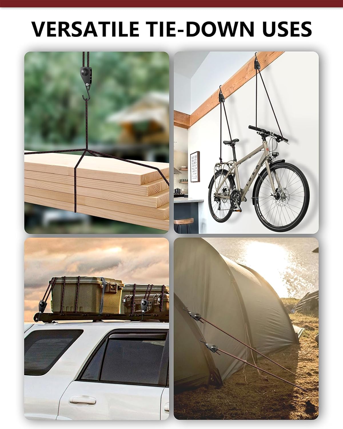 VIPARSPECTRA Retractable Heavy Duty Ratchet Tie Down Straps [4 Pack, 8ft, 75lbs/Pack], Rope Pulley System Rollers with Carabiner Hook for Kayak/Hanging Plants/Grow Light/Tents Various Tie-Down Uses