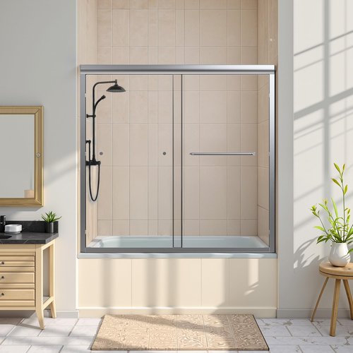 Osparple Shower Door 56-60" W x 58" H Semi-Frameless Double Sliding Tub Shower Doors Glass Shower Door with 1/4" (6mm) Clear SGCC Tempered Glass, Towel Rail and Auxiliary Handle, Chrome