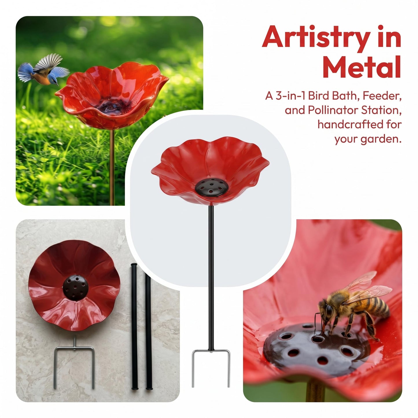 2026 Metal Flower Bird Bath, Bird Feeder & Bee Watering Station, Handmade Metal Flower Stand, Unique Garden Decor for Outdoor Yard. (Blue, 6 inches in Diameter)