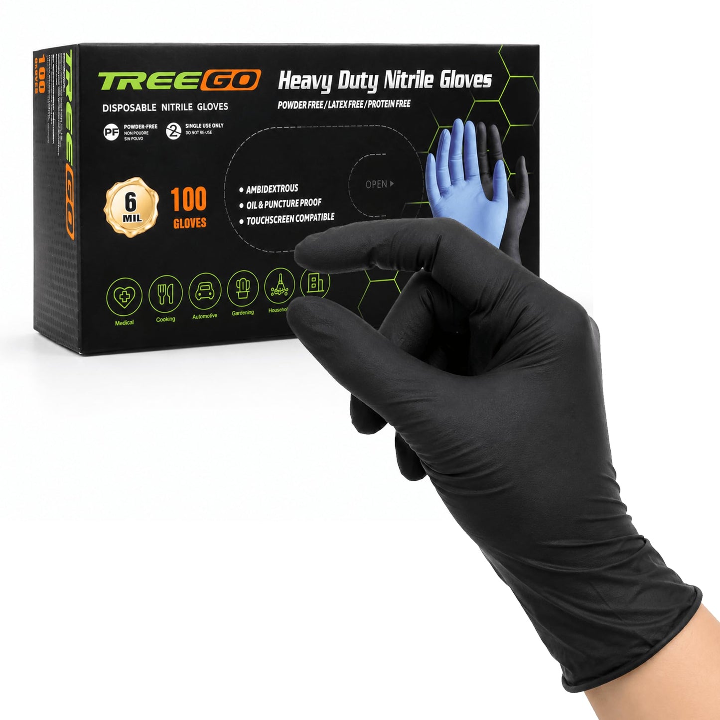 TREEGO 6 Mil Black Nitrile Exam Gloves Small, Heavy Duty Disposable Latex & Powder Free, Chemical Resistant, Textured Grip for Cooking, Mechanic - 100 Count