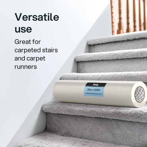 Kenley Carpet Protection Film - Self Adhesive Plastic Carpet Protector Film - Heavy Duty Shield Covering for Stairs Floor Runner Surface - Puncture & Water Resistant Sticky Protection Roll (36"x200')