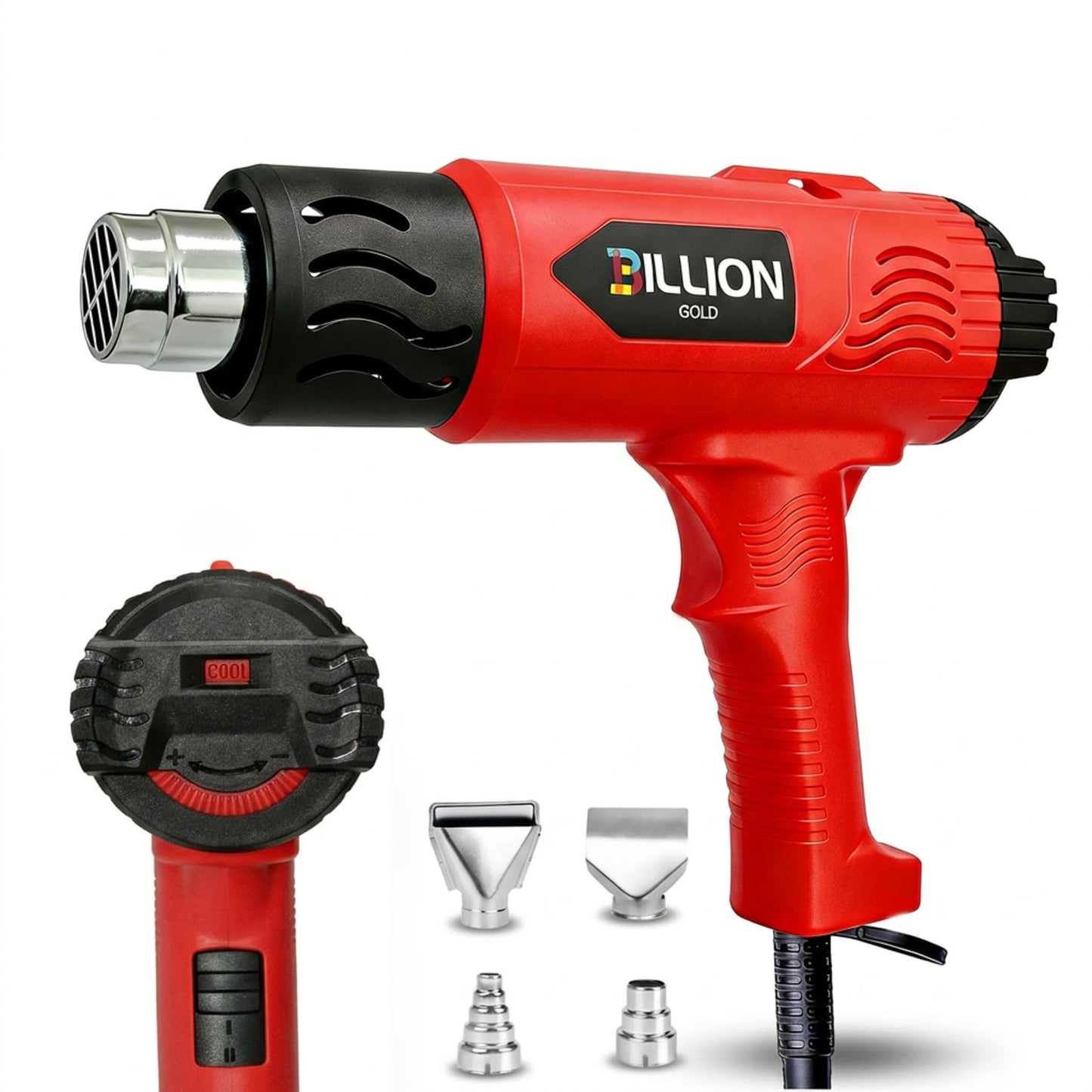 BILLION GOLD 3D Grip Heat Gun 1800W - 120℉ to 1200℉ Dual Temperature Hot Air Gun Kit with 4 Nozzles - Black Red Professional Heat Shrink Gun for Crafts, Shrink Wrap, Electronics Repair