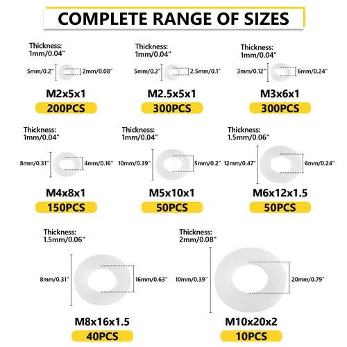 1200Pcs Nylon Flat Washers for Screws Bolts, White Plastic Washers, M2 M2.5 M3 M4 M5 M6 M8 M10 for Household & Commercial