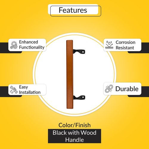 Brixwell Patio Door Handle with Brackets, Black Finish with Wood Grip, 6-5/8" Center-to-Center, Easy Installation Residential and Commercial Use, Replacement or New