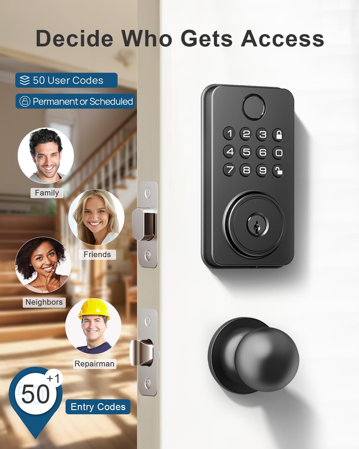 Fingerprint Door Lock with Handle, Smart Keyless Entry Door Lock with App, Stores 50 Fingerprints and 50 User Codes, IP65 Weatherproof Keypad Deadbolt for Front & Interior Doors, Auto-Lock, Black