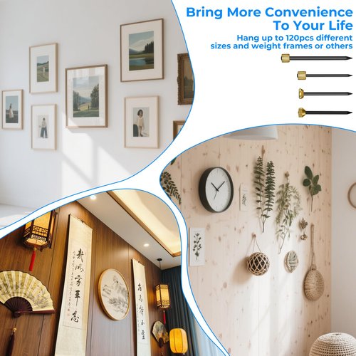 120 Pcs Picture Hanging Nails, 4 Styles Wall Decorative Nails for Hanging Pictures Picture Frame Hangers Nail Hardware Tool with Plastic Box for Claw Drywall Pictures Mirrors Painting Baskets