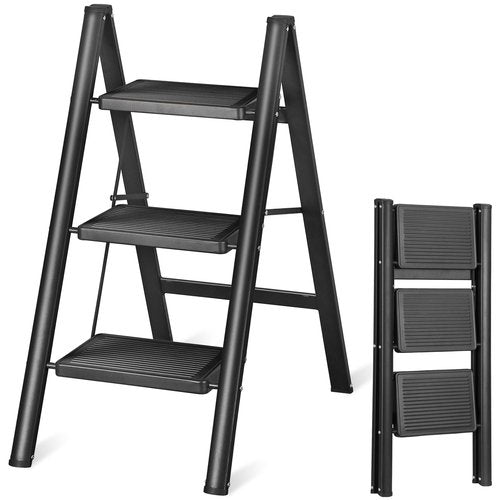 ZENY 3 Step Ladder, Folding Step Stool with Wide Anti-Slip Pedal, Portable Sturdy Steel Ladder for Adults, Lightweight