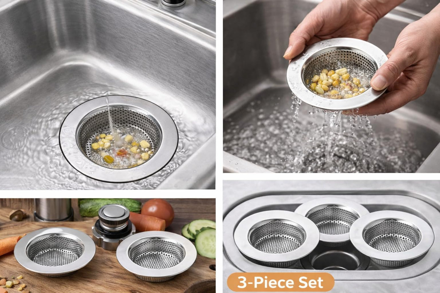 Sink Strainer Basket (3 Pack) – 304 Stainless Steel Kitchen Drain Strainer, Anti-Clog Sink Drain Catcher, Rustproof, Fits 4.4” Standard Sink