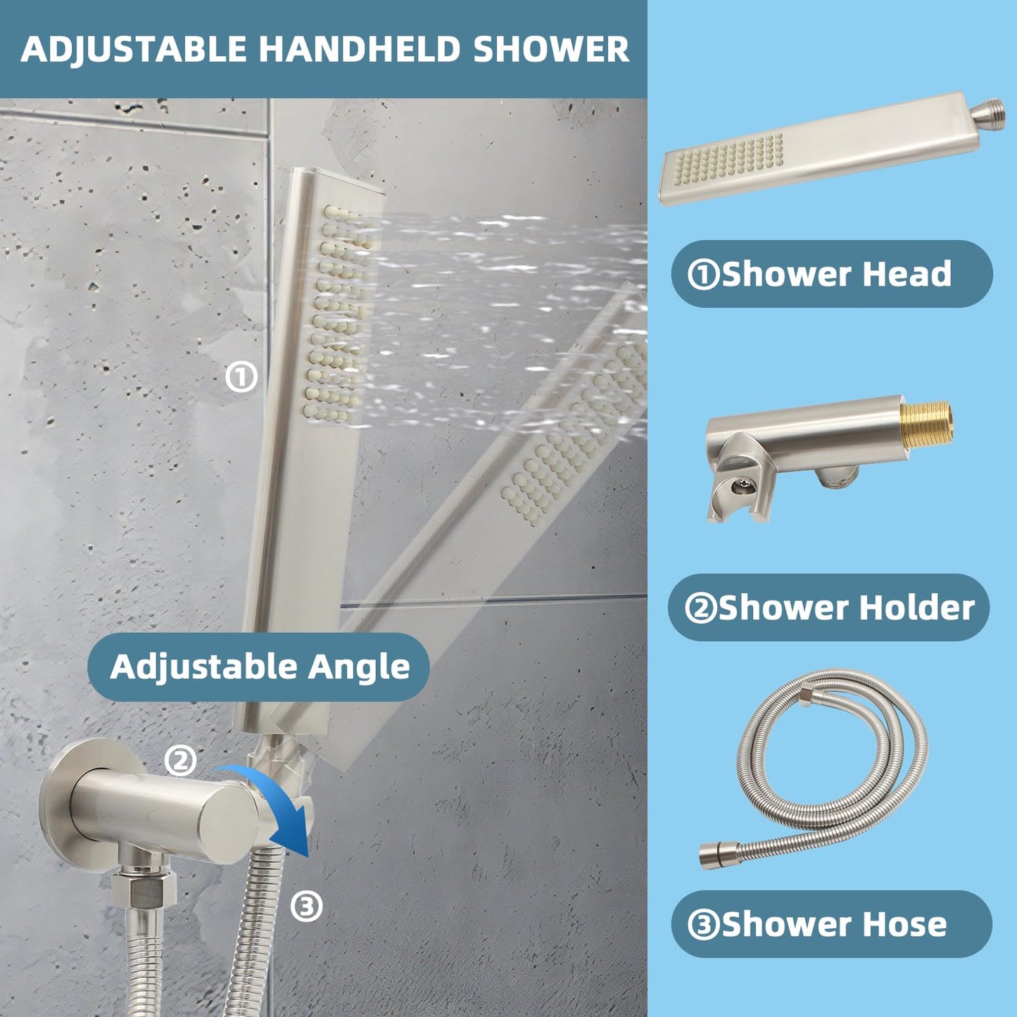 Backnets Solid Brass Handheld Shower Head Arc Design High Pressure Brushed Nickel Hand Shower Wand with Adjustable Supply Elbow Wall Connector Shower Holder and 59″ Stainless Steel Hose Set