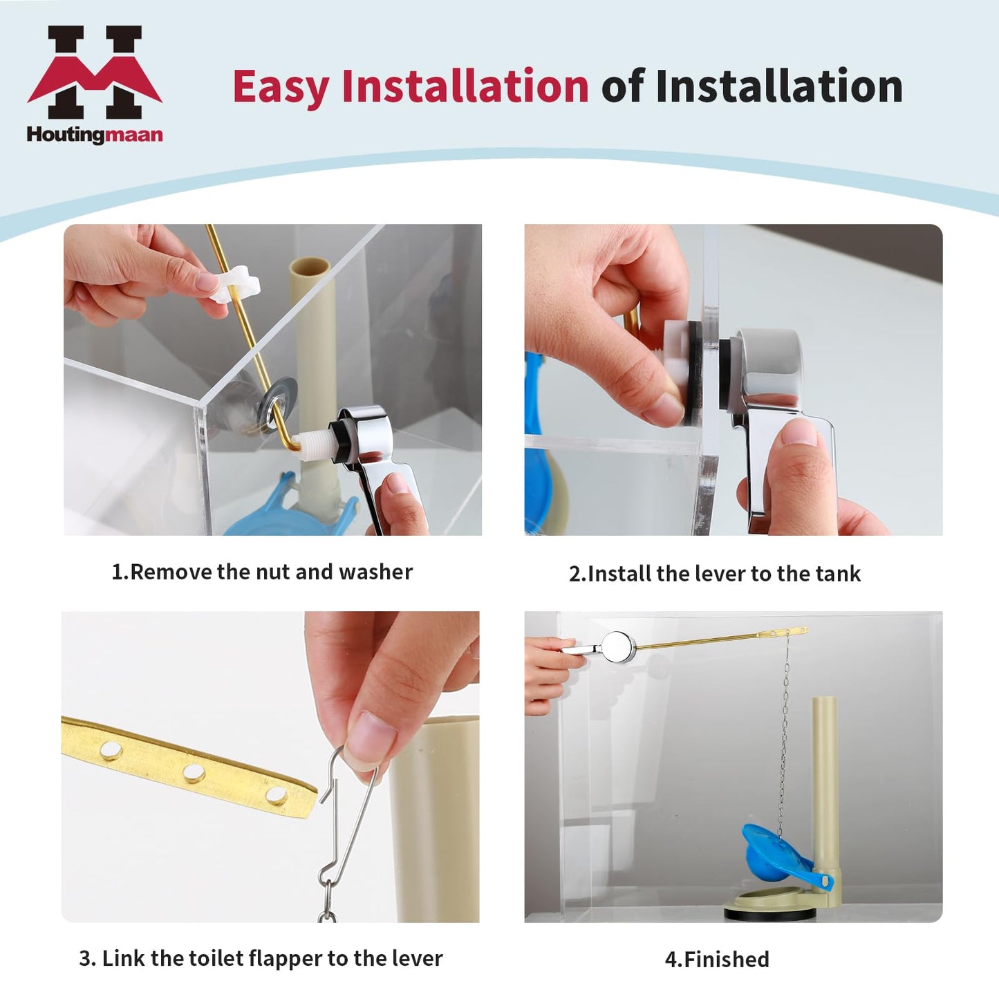 Houtingmaan Toilet Handle Replacement Kit,Toilet Handle Lever for Most Front Mount Toilets, Universal Brass Toliet Flush Handle Lever with Stainless Steel Flapper Chain,Chrome