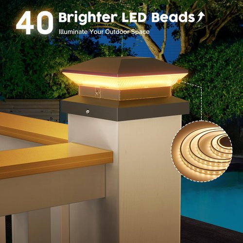 LETMY 2 Pack Solar Post Cap Lights, 40 LEDs Fence Post Solar Lights Outdoor Waterproof, Upgraded Brighter Deck Fence Cap Light Solar Powered for 4x4, 5x5 or 6x6 Vinyl Wooden Posts (Black)
