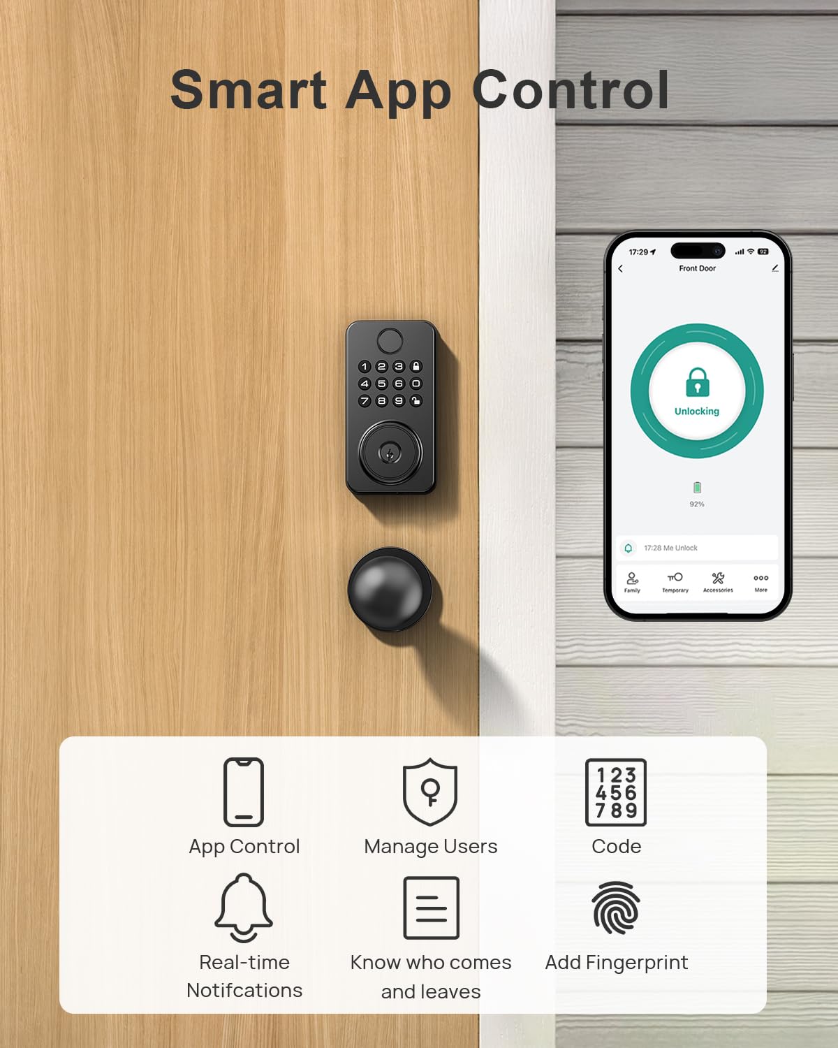 Fingerprint Door Lock with Handle, Smart Keyless Entry Door Lock with App, Stores 50 Fingerprints and 50 User Codes, IP65 Weatherproof Keypad Deadbolt for Front & Interior Doors, Auto-Lock, Black