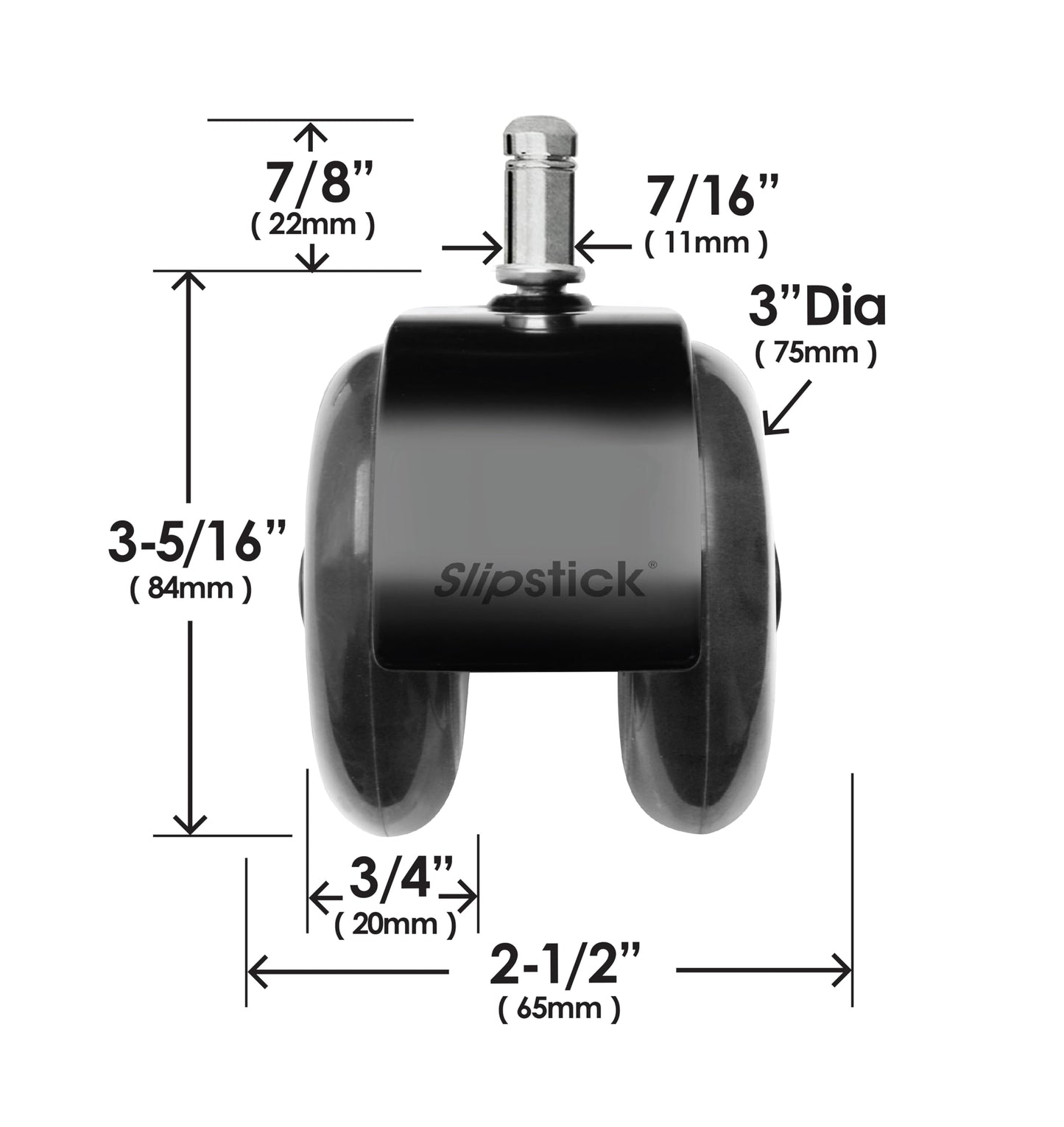 Monster 3” Dual Rollerblade Office Chair Wheels (Set of 5) Slipstick Premium Rubber Caster Wheels for Chairs, Smooth & Safe Rolling on All Flooring