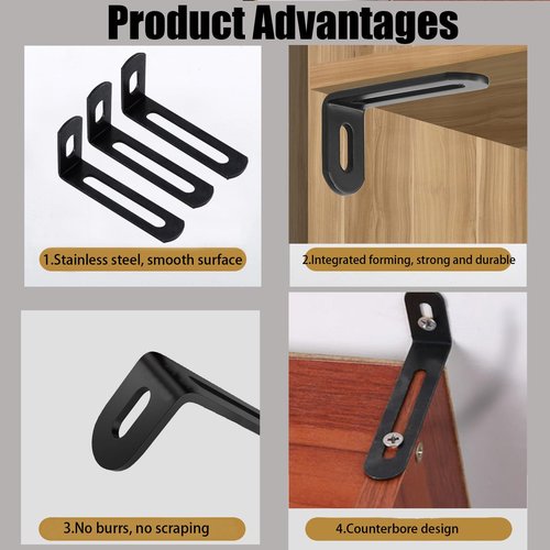 AUXBC 2"x1"x0.5"Adjustable Right Angle Brackets Metal L Bracket Heavy Duty 90 Degree Corner Fastener L-Shape Corner Brace Support Black Shelf Bracket , 10Pcs