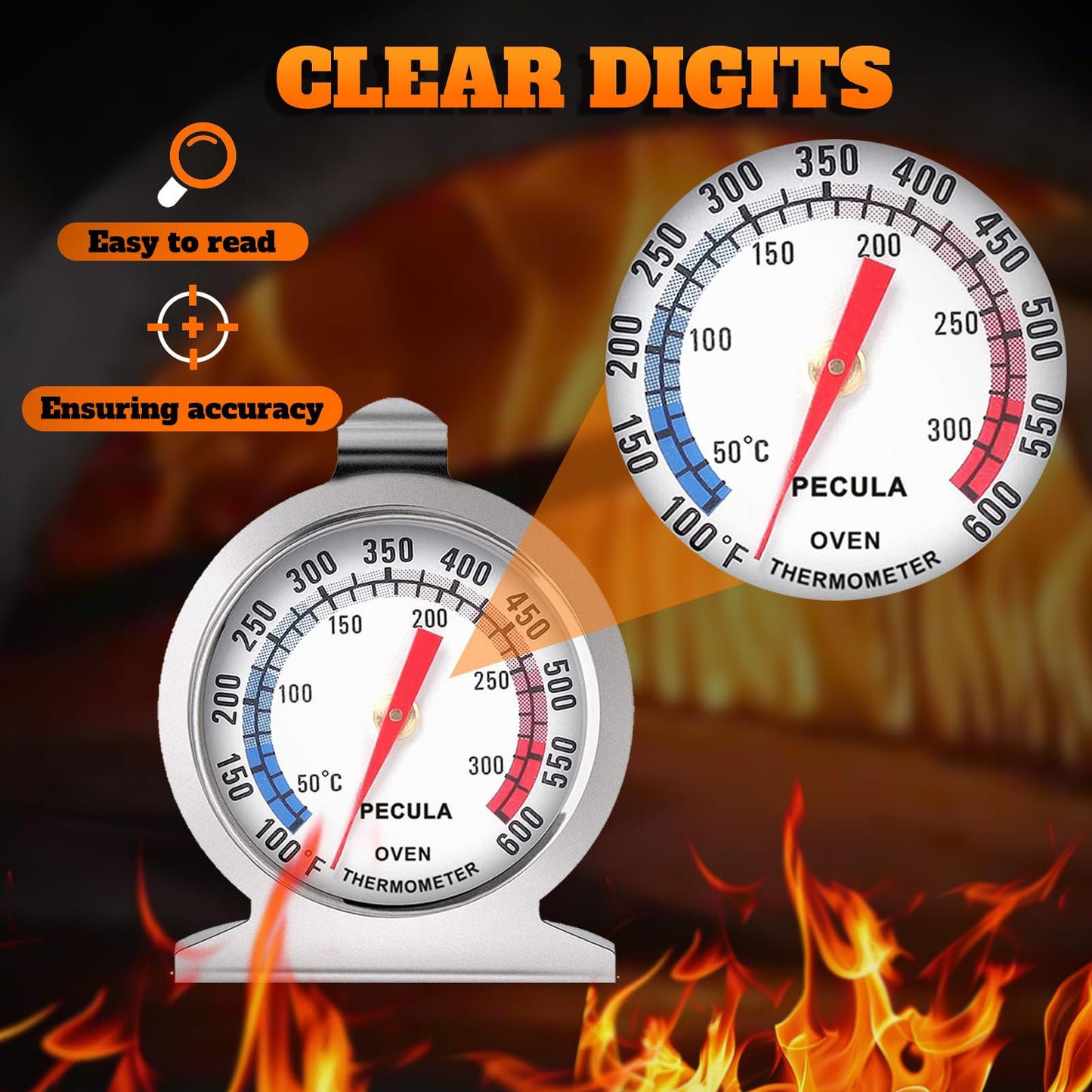 Stainless Steel Oven Thermometer 50-300°C/100-600°F, Analog Instant Read, Battery-Free Kitchen Cooking Thermometer, Hook & Stand Design Food Thermometer for Oven, Grill, Smoker, Fryer