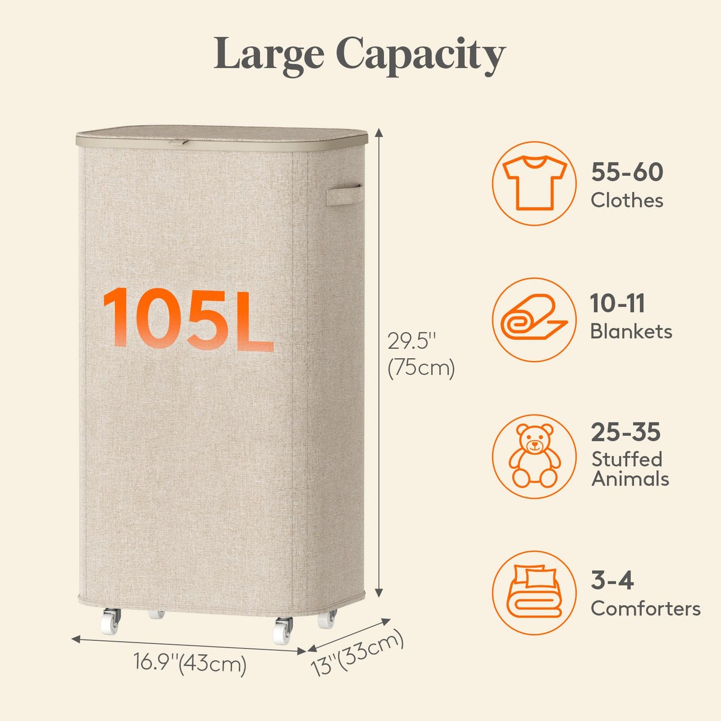 Lifewit 105L Plastic Laundry Basket with Lid, Large Clothes Hamper with Wheels and Removable Bag, Tall Collapsible Rolling Storage Bin for Dorm Bedroom Bathroom, Beige
