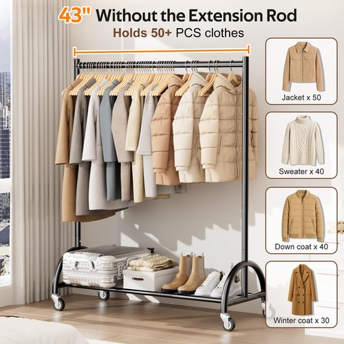 MISSLO Heavy Duty Clothing Rack with Wheels Rolling Clothes Racks for Hanging Clothes, Coats, Garment, Dress, Black