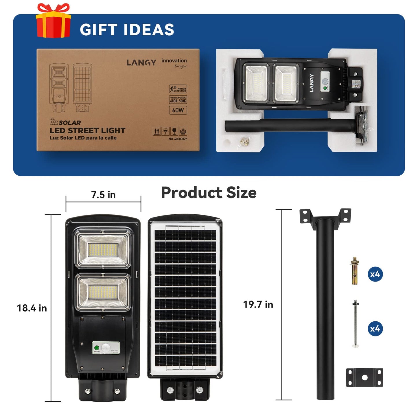 LANGY Upgraded Solar Street Light 6000 Lumens Outdoor,10000mAH Battery,120 LED Street Light Solar Powered with Remote Control,Dusk to Dawn Outdoor Lighting with Motion Sensor,Waterproof