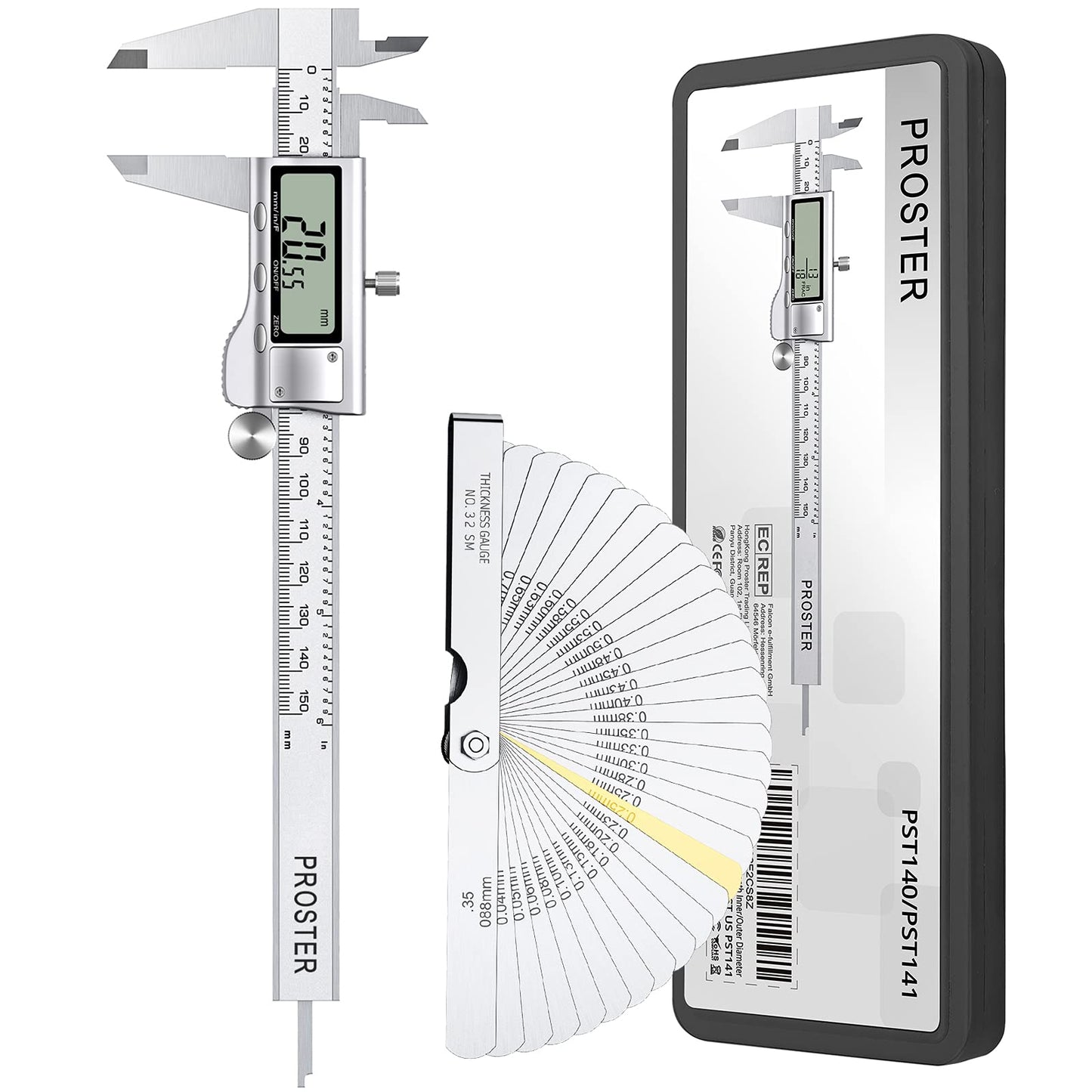 Proster Digital Vernier Caliper 6inch 150mm - Electronic Caliper Fraction/Inch/Metric Dial Caliper for Length Width Depth Inner Outer Diameter, with 32 Feeler Gauges